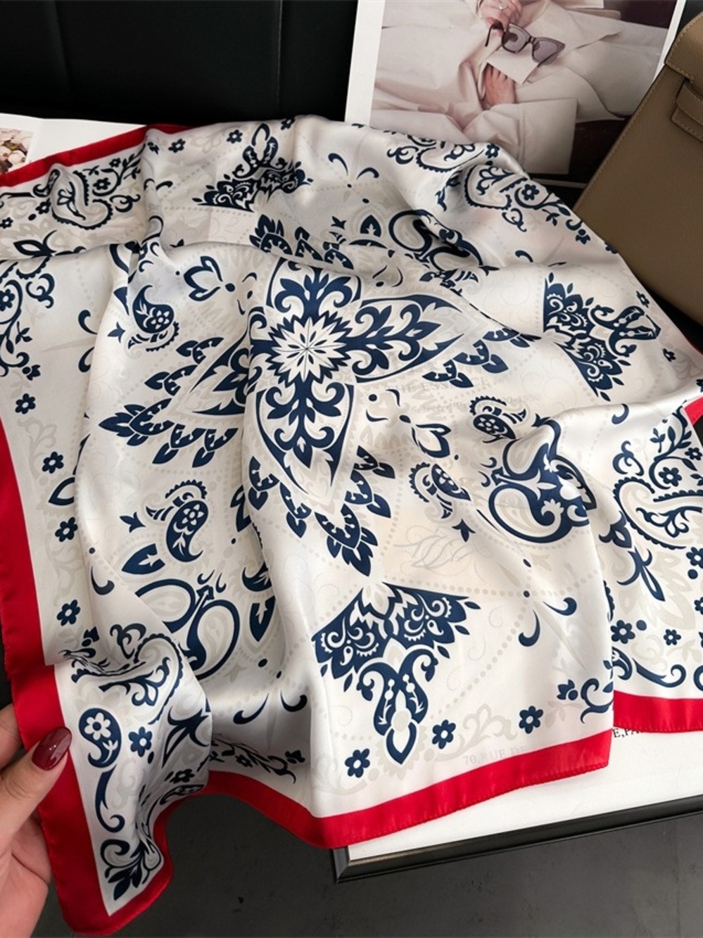 Silk-Feel Navy Floral Bandana Scarf with Red Trim